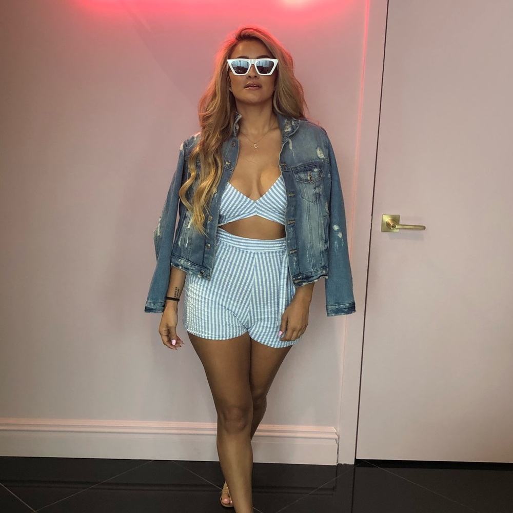 Blue and white striped romper